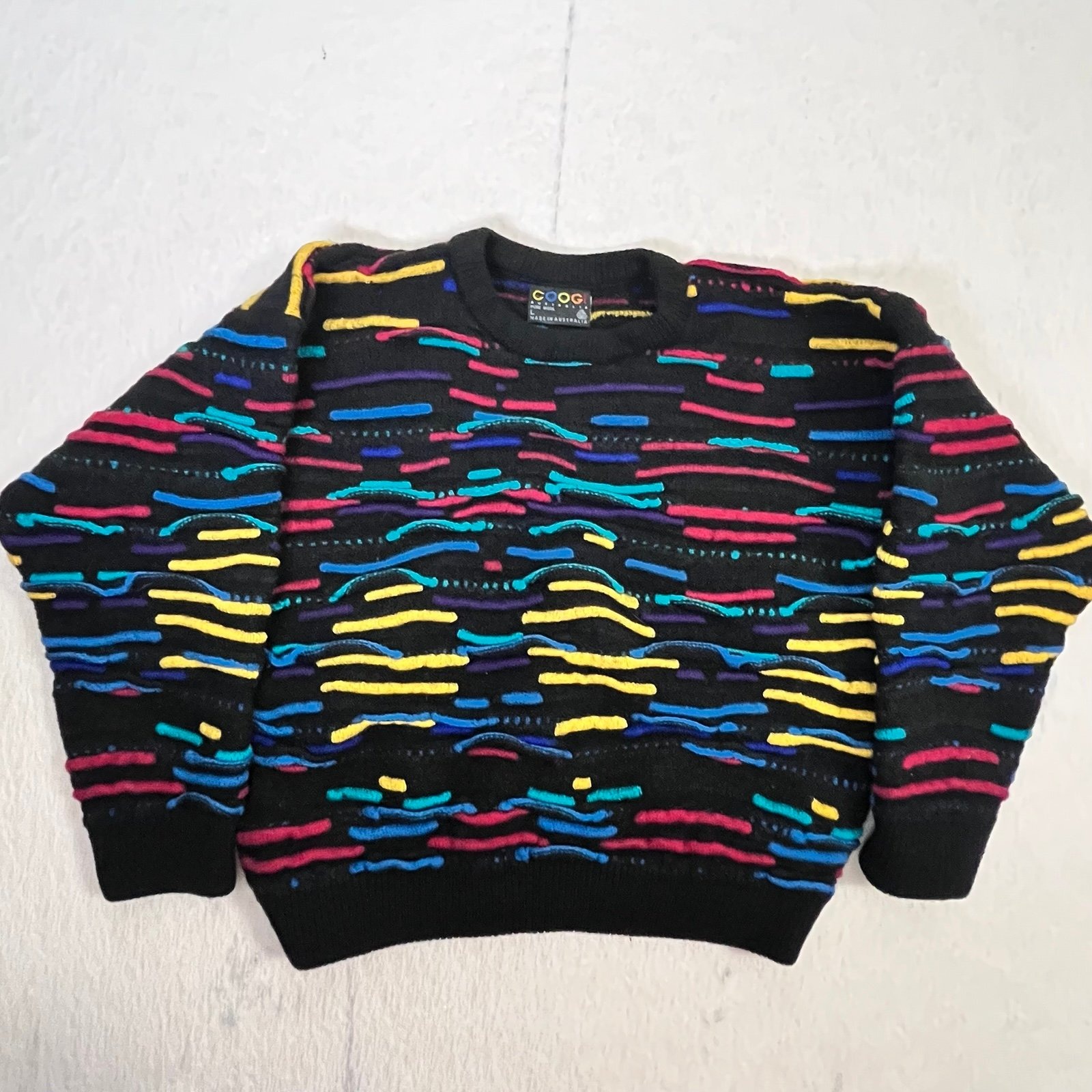 Vintage Coogi Australia Wool Sweater L Colorful Textured 3-D Knit Rainbow